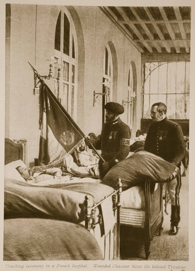 Raněný chasseur líbá milovanou trikolóru, 1914-19 od French School