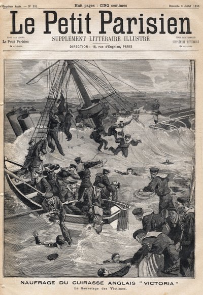 Vrak anglického obrněnce "Victoria"" po kolizi na pobřeží Sýrie a záchrana obětí. Jeden z novin "Le petit Parisien"" ze 7.9.1893 (rytina) od French School