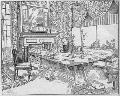 Spisovatelka Alexandra Dumas ml. (1824-1895) v jeho pracovním kabinetu. Rytina v „La gazette du dimanche““ z 12. prosince 1895. od French School