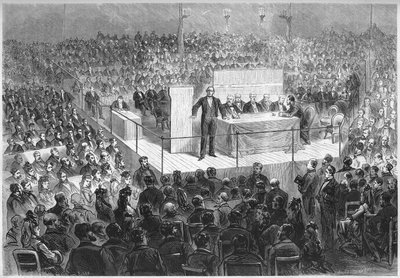 Spisovatel Ernest Legouve (1807-1903) předsedá „vlasteneckému setkání“ organizovanému s cílem získat finanční prostředky na vykoupení francouzských departementů okupovaných Německem od konce války v roce 1870. Paříž, cirkus Champs Elysees, 25. února od French School