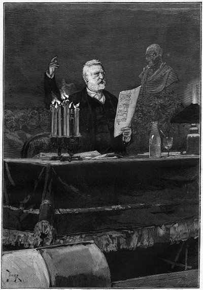 Spisovatel Victor Hugo (1802-1885) hovořící u příležitosti stého výročí úmrtí Voltaira, slavného v Theatre de la Gaite v Paříži dne 30. května 1878. Rytina v „“ Le Monde Illustré““ č. 1106 z 8. června 1878. od French School