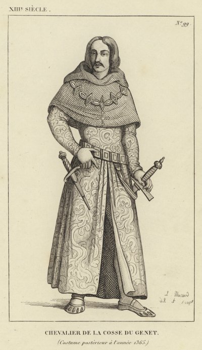 XIII. století, rytíř z Genetova lusku, kostým po roce 1365 (rytina) od French School