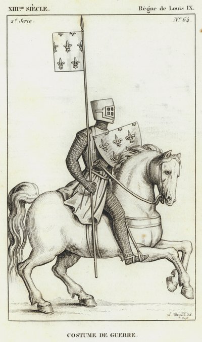 XIII. století, vláda Ludvíka IX., válečný kostým (rytina) od French School