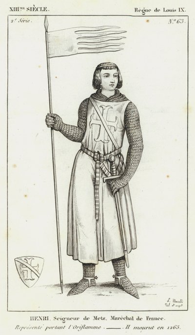XIII století, vláda Ludvíka IX., Henri, pán z Met, maršál Francie, zastoupený v Oriflamme, zemřel v roce 1265 (rytina) od French School