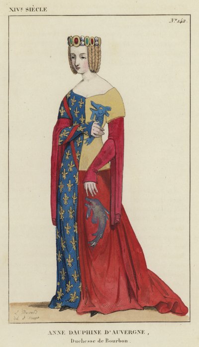 XIV století, Anne Dauphine z Auvergne, vévodkyně z Bourbonu (barevná rytina) od French School