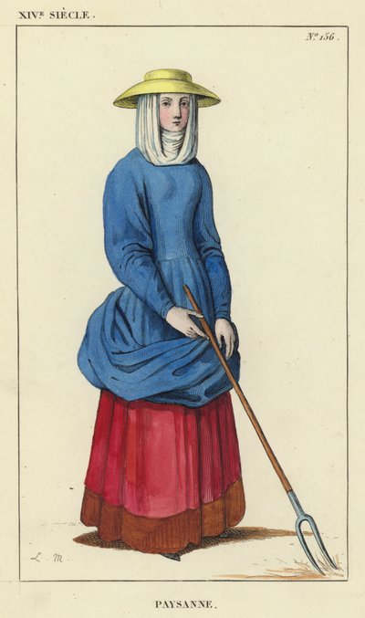 XIV století, rolnická žena (barevná rytina) od French School