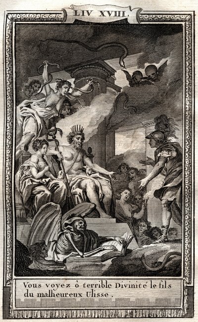 Vidíte strašlivého božského syna zlého Ulisse - rytina z roku 1798 od Monneta v „Les Aventures de Telemaque, fils d