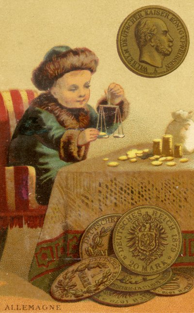 Mladý německý bankéř vážící německé marky ze série propagačních karet na měny v různých zemích, vydané v Paříži nakladatelstvím Baster & Vieillemard pro použití výrobcem čokolády Chocol od French School