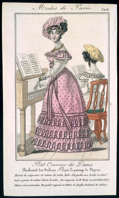 Mladá žena v růžových organdiových šatech s černým lemováním a krepovým baretem se saténovými stuhami, reklama z Modes de Paris, cca 1825 od French School