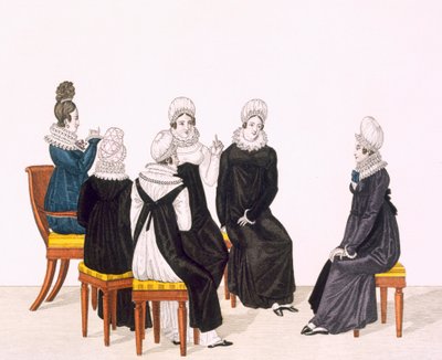 Chatování mladých žen, c. 1820 (barevné rytí) od French School