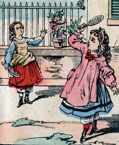 Mladé dívky hrají bitevníky a pérák, raná hra podobná badmingtonu - Epinal obrázek - 19. století (rytina) od French School