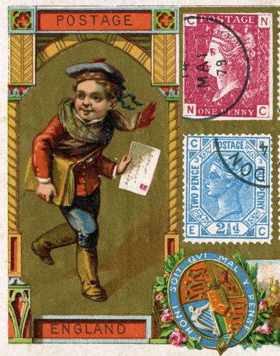 Mladý pošťák s pytlem na dopisy doručující dopis ve viktoriánské Anglii, konec 19. století od French School