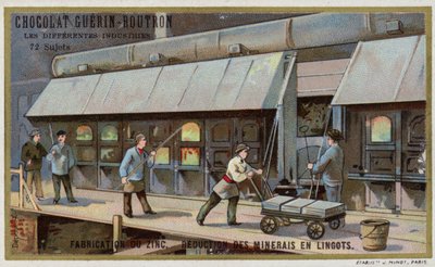 Výroba zinku. Redukce rudy na ingoty (chromolitho) od French School