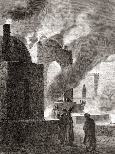 Zoroastrijští uctívači ohně v chrámu ohně v Baku, Ázerbájdžán, z „Les Merveilles de la Science“, vydáno kolem roku 1870 (rytina) od French School