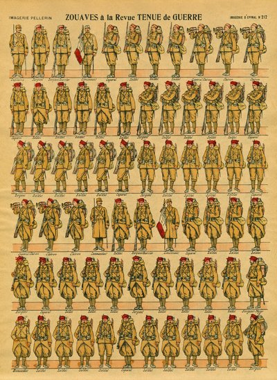 Zouaves, francouzská pěší jednotka Armee vytvořená v roce 1830 generálem Clauzelem pro dobytí Alžírska. Epinální zobrazování od French School
