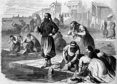 Zouaves z francouzské armády praní prádla. Itálie, Risorgimento de 1859. Rytina v „“ Le Monde Illustré““ č. 122 ze dne 13. srpna 1859. od French School