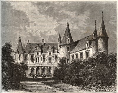 Chateau du Rocher v Mezangers v Mayenne - rytina v „La France illustrée: geografie, historie, statistická správa“ od V.A. Malt-Brown. 1884 od French School