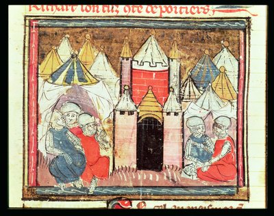 f.259r Obléhání Chateau-Gaillard v roce 1204, kdy Philip Augustus Francouzský (1165-1223) porazil anglického krále Jana (Lacklanda) (1199-1216), z Grandes Chroniques de France, 1375-79 od French School