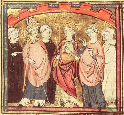 f.73r Dagobert I. (605-39), král Franků přijímající Francouzské království, z Grandes Chroniques de France, 1375-79 od French School