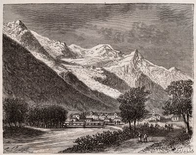 údolí Chamonix a mont Blanc - rytina v „La France illustrée: geografie, historie, statistická správa“ od V.A. Malt-Brown. 1884 od French School