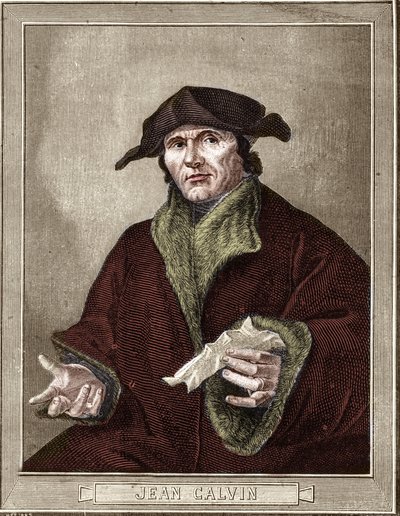 portrét Jeana Calvina (1509-1564), francouzského náboženského reformátora a spisovatele. od French School