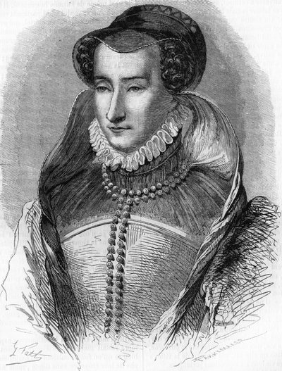 portrét Jany III. z Albretu (1528-1572), matky krále Jindřicha IV. a manželky Antoina de Bourbon (1528-1572). V “” Histoire Populaire de la France””, sd. kolem 1885. Rytina. od French School