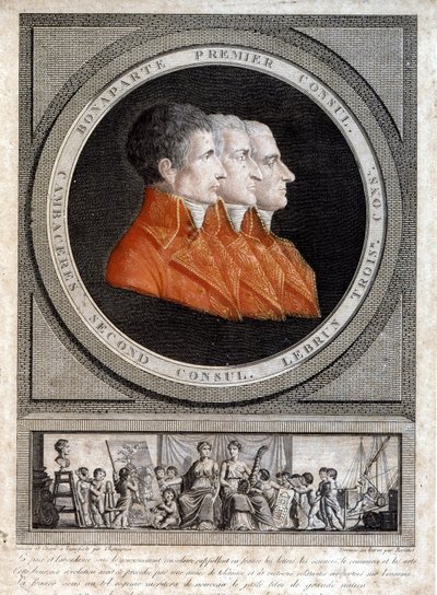 portrét tří konzulů, Napoleona Bonaparte (1769-1821), Jean Jacques Regis (Jean-Jacques-Regis) de Cambaceres (1753-1824) a Charles Francois Lebrun (1739-1824)“ od French School
