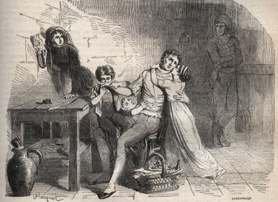 aféra lyonské pošty - Case du courrier de Lyon: Rozloučení Josepha Lesurquese s jeho rodinou: údajně zapojen do případu lyonské pošty v roce 1796 byl neprávem obviněn z napadení lyonské pošty a byl gilotinou - Rytina v “ od French School