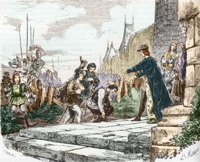 delfín Ludvík (tehdy Ludvík XI.), vévoda Jan II. z Alenconu a vévoda Karel I. Bourbonský žádají o odpuštění krále Karla VII. od French School
