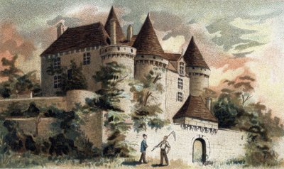 pohled na hrad Fenelon v Dordogne. od French School