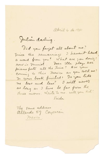 Autografní dopis podepsaný ("Frida") Julienovi [Levymu], Coyoacán, 6. dubna 1941 (pero a tuš na papíře) od Frida Kahlo