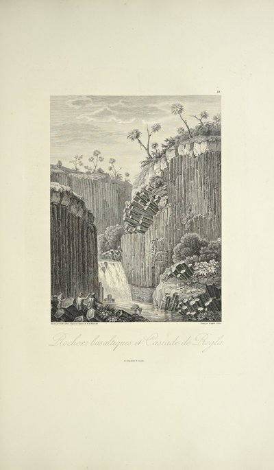 Čedičové skály a Cascade de Regla, kreslil Gmelin, ryl Bouquet, ilustrace z „Pohledy na Kordillery a pomníky domorodých národů Ameriky“ od Alexandra von Humboldta a Aime Bonpland od Friedrich Alexander Baron von (after) Humboldt