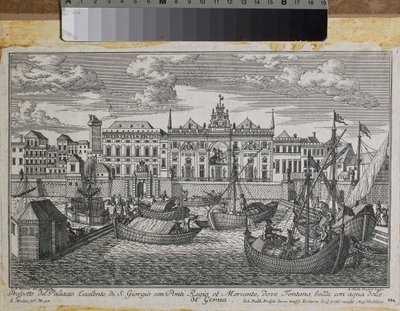 Plán Janova zobrazující Královský most, Nový most Mercanzia a Palác sv. Jiří při pohledu z moře, kolem roku 1750 (rytina) od Friedrich Bernhard Werner