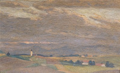 Večerní krajina s kostelní věží od Friedrich Hasslwander