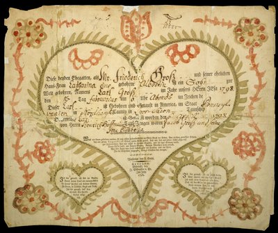 rodný a křestní list, c. 1800 (oxgall inkoust, akvarel a rytina na položený papír) od Friedrich Krebs