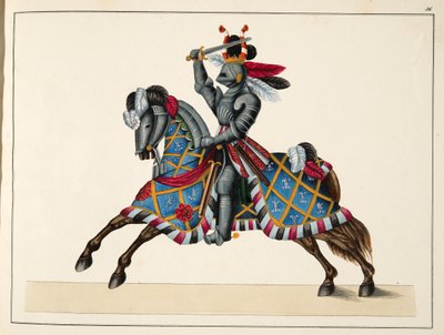 Rytíř na turnaji, deska z „Historie vývoje a zvyků rytířství“ od Dr. Franze Kottenkampa, vydal Carl Hoffmann, 1842 od Friedrich Martin von Reibisch