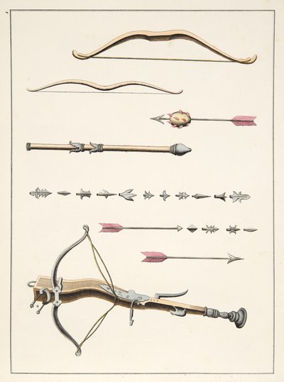 Luky a šípy ze 14.-15. století, deska z knihy "A History of the Development and Customs of Chivalry", autor Dr. Franz Kottenkamp, vydáno Carlem Hoffmannem, 1842. od Friedrich Martin von Reibisch