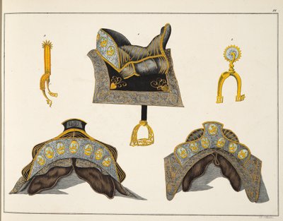 Sedla a ostruhy, deska z „Historie vývoje a zvyků rytířství“, od Dr. Franze Kottenkampa, vydal Carl Hoffmann, 1842 od Friedrich Martin von Reibisch