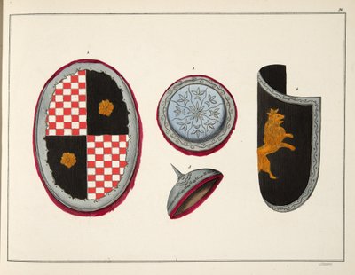 Štíty, deska z „Historie vývoje a zvyků rytířství“, od Dr. Franze Kottenkampa, vydal Carl Hoffmann, 1842 od Friedrich Martin von Reibisch