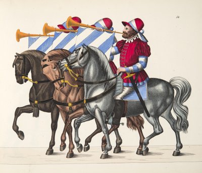 Tři hudebníci na turnaji, deska z Historie vývoje a zvyků rytířství, od Dr. Franze Kottenkampa, vydal Carl Hoffmann, 1842 od Friedrich Martin von Reibisch