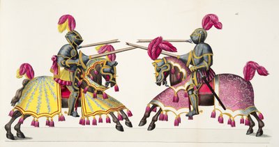 Dva rytíři na turnaji, deska z „Historie vývoje a zvyků rytířství“ od Dr. Franze Kottenkampa, vydal Carl Hoffmann, 1842 od Friedrich Martin von Reibisch