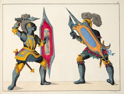 Dva rytíři bojující, deska z „Historie vývoje a zvyků rytířství“, od Dr. Franze Kottenkampa, vydal Carl Hoffmann, 1842 od Friedrich Martin von Reibisch