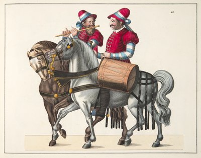 Dva hudebníci na turnaji, deska z Historie vývoje a zvyků rytířství, od Dr. Franze Kottenkampa, vydal Carl Hoffmann, 1842 od Friedrich Martin von Reibisch