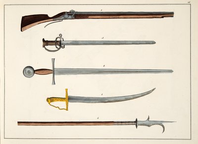 Zbraně včetně mečů a kopí, kolem 1400, deska z Historie vývoje a zvyků rytířství, Dr. Franz Kottenkamp, publikoval Carl Hoffmann, 1842 od Friedrich Martin von Reibisch