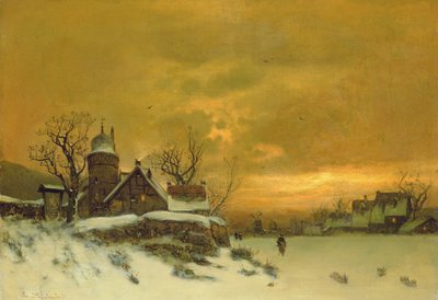 Zimní krajina s pohledem na budovy ve večerních hodinách od Friedrich Nicolai Joseph Heydendahl