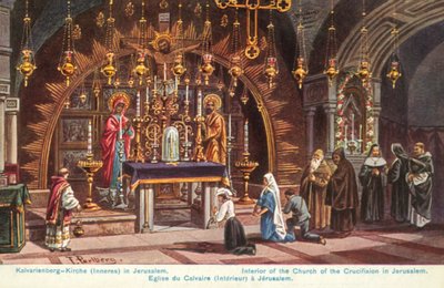 Oltář Ukřižování, Chrám Božího hrobu, Jeruzalém (barevná litografie) od Friedrich Perlberg