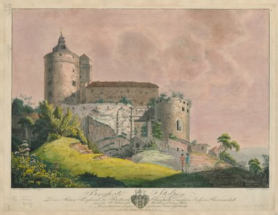 Bergfeste Stolpen, cca 1800 (barevná rytina) od Friedrich or Johann-Friedrich Wizani