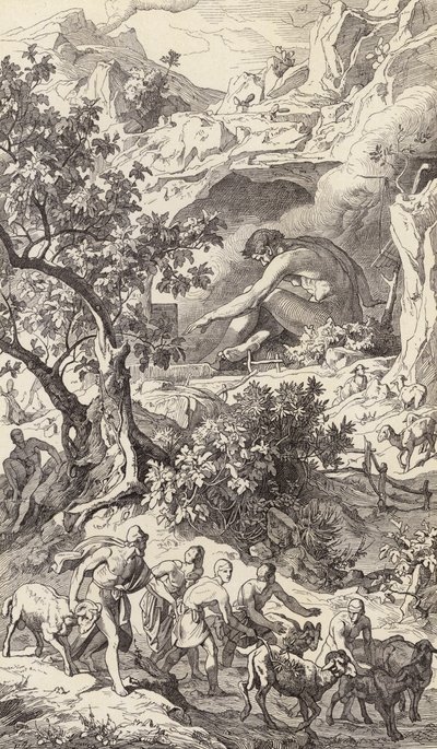 Odysseus prochází Polyfémovou jeskyní (rytina) od Friedrich the Elder Preller