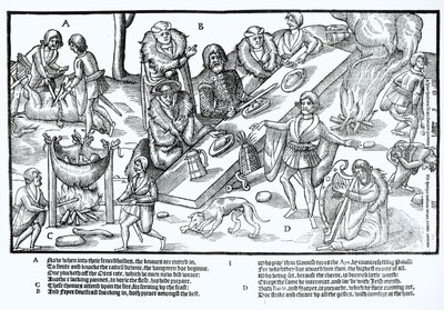 Náčelník rodu Mac Sweynes sedí u večeře a baví se s bardem a harfenistou, deska 3 z knihy "Obraz Irska" od Johna Derricka od Friedrich van Hulsen