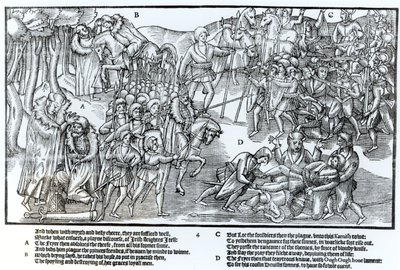 Irský náčelník obdrží kněžské požehnání před odjezdem do boje s Angličany, kteří jsou zobrazeni v plné zbroji, deska 4 z „The Image of Ireland“ od Johna Derricka, 1581 od Friedrich van Hulsen